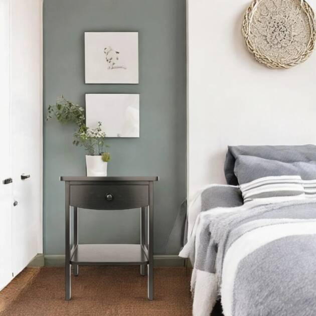 Minimal Black Wood Nightstand With Drawer And Open Shelf